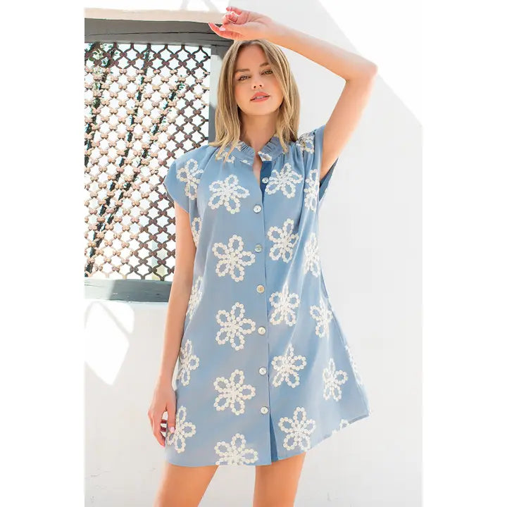 Embroidered Ruffle Collar Cap Sleeve Dress