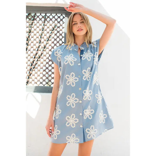 Embroidered Ruffle Collar Cap Sleeve Dress