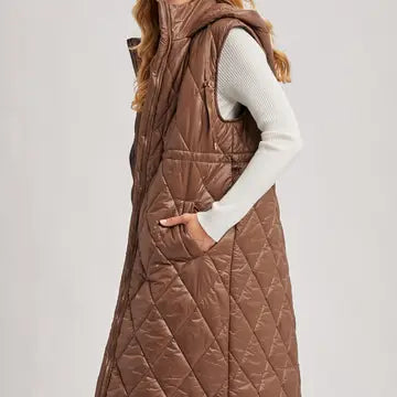 Diamond Quit Puffer Long-Line Hooded Vest