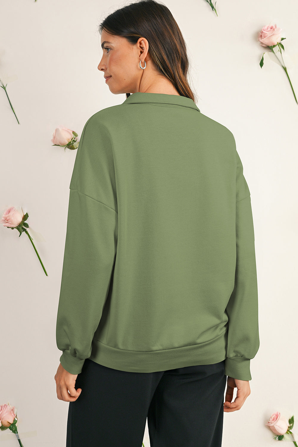 Vineyard Green Pop of Color Collared Patchwork Pullover Sweatshirt