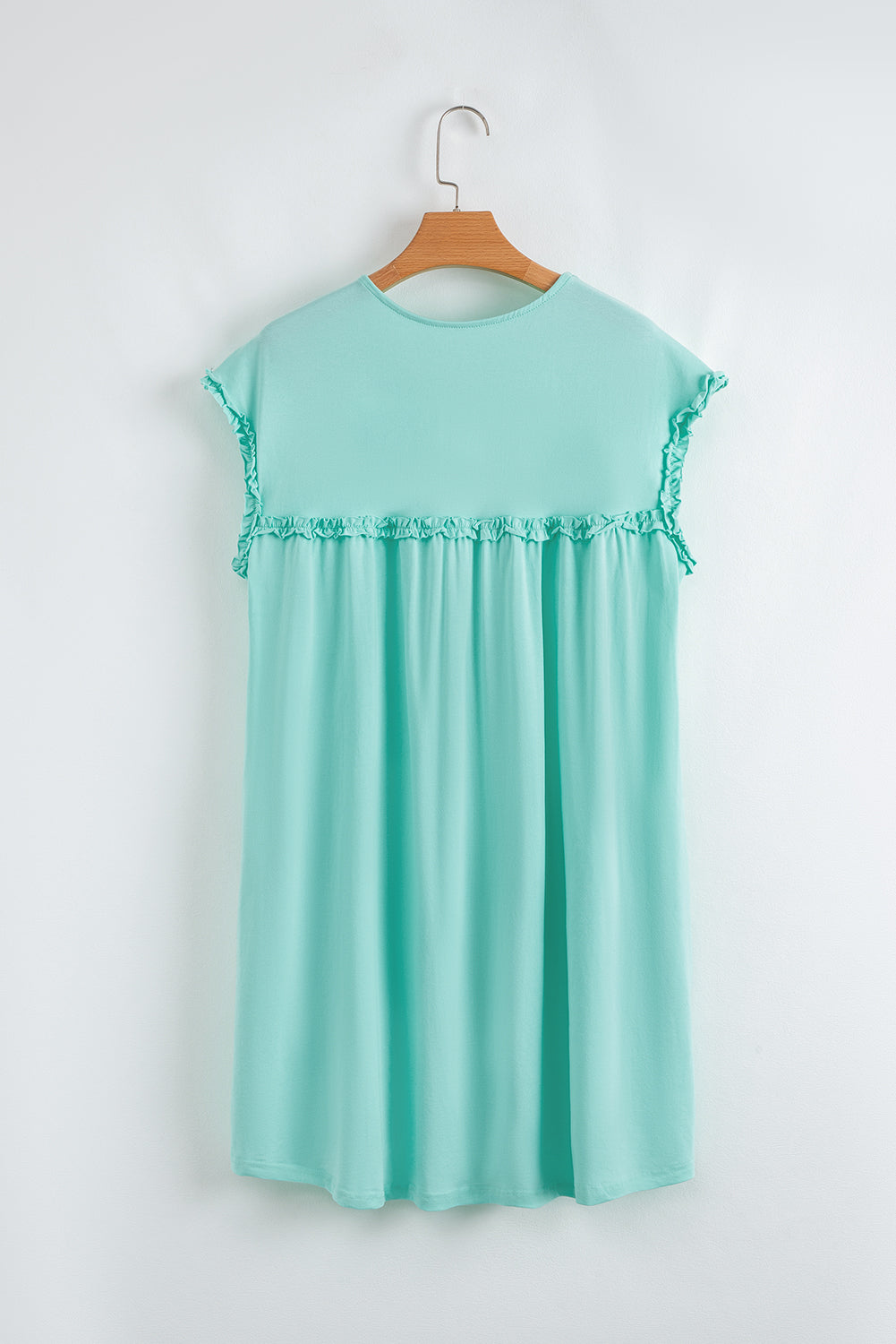 Mint Green Frilled Trim Crewneck Loose Fit Mini Dress
