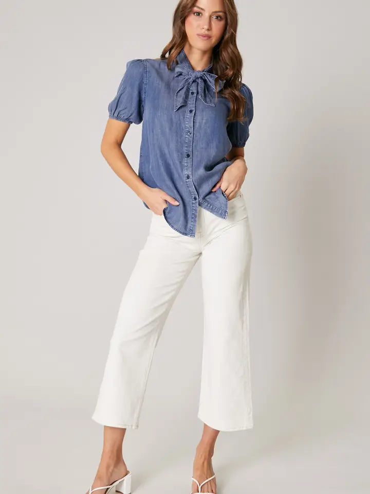 Georgina Chambray Button Front Bow Top