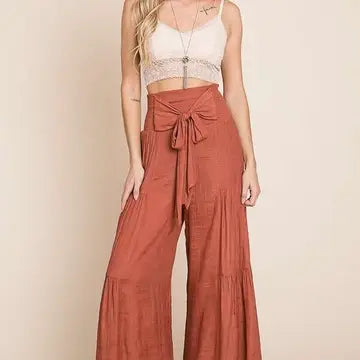 Tie Front Ruched Waist Back Pants