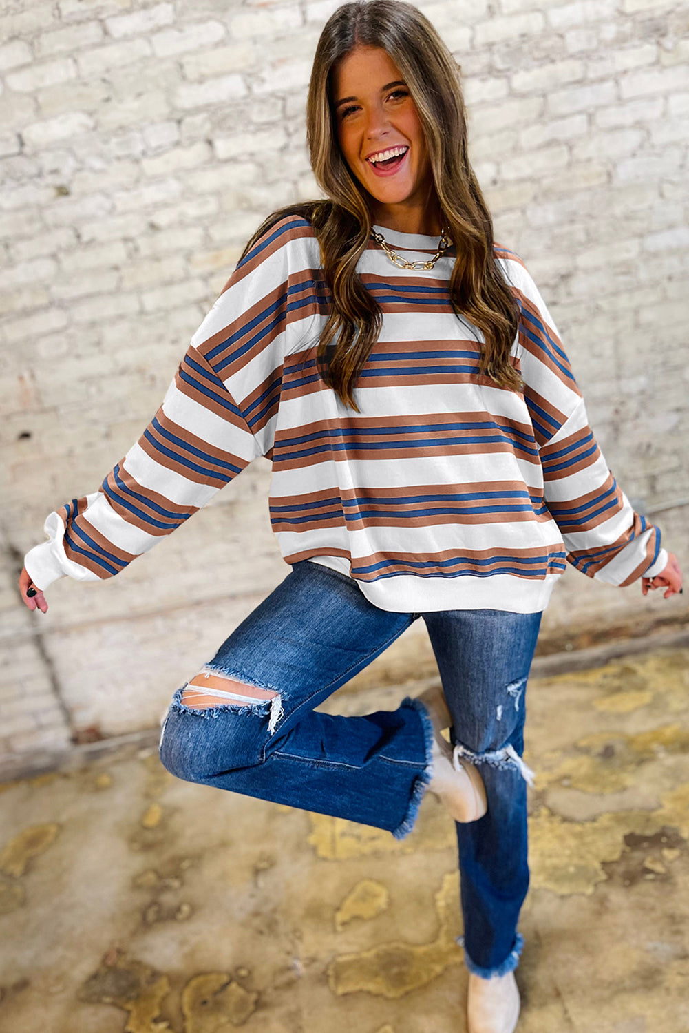 Khaki Striped Crew Neck Drop Shoulder Pullover Sweatshirt