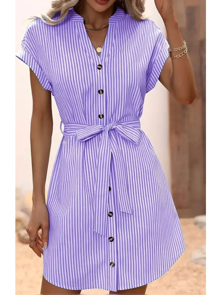 Striped Cotton Shirt Dress Short Sleeves