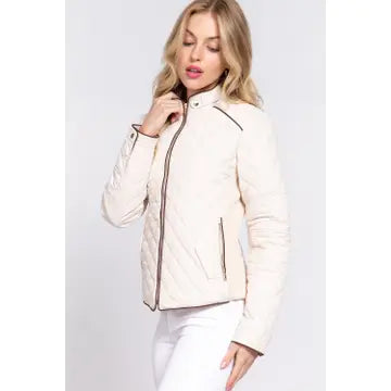 Suede Piping Detail Rib Quilted Padding Jacket