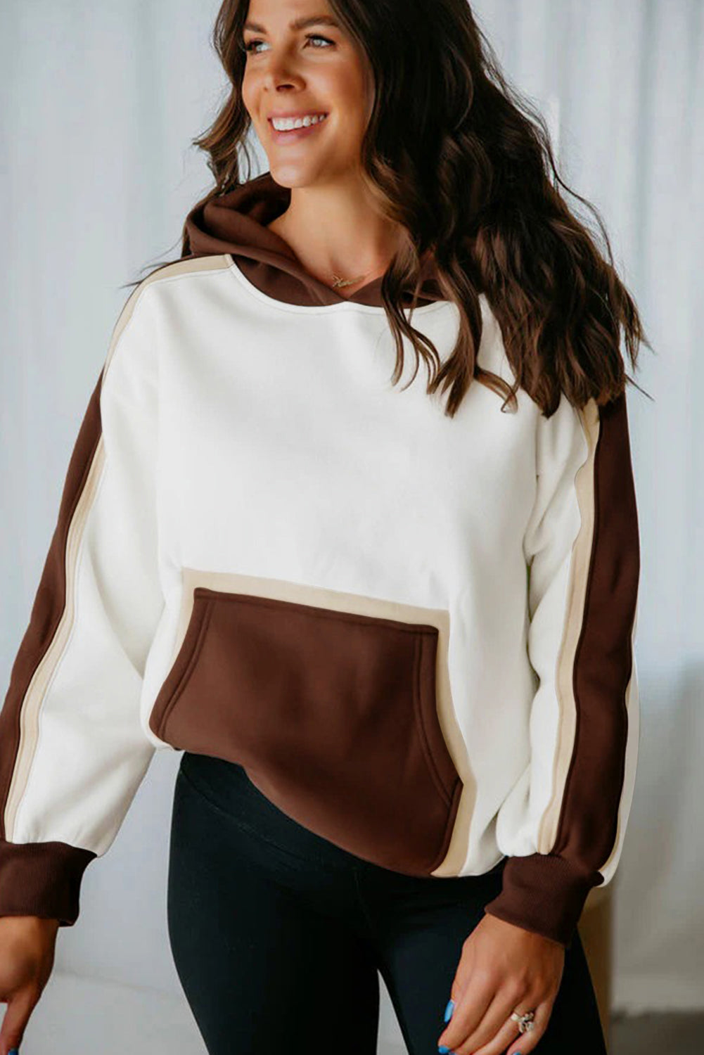 Coffee Colorblock Kangaroo Pocket Long Sleeve Hoodie
