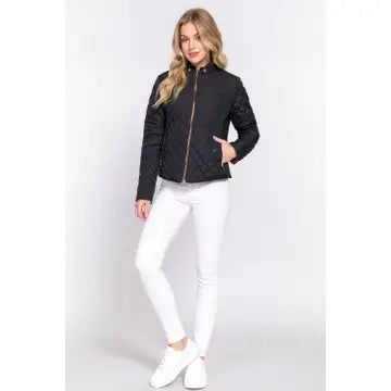 Suede Piping Detail Rib Quilted Padding Jacket