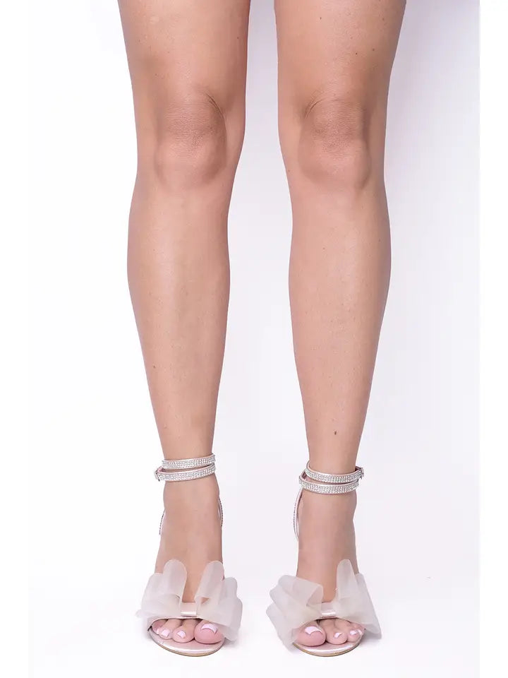 Champagne High Heel Sandals Mesh Bow Diamante Ankle Tie