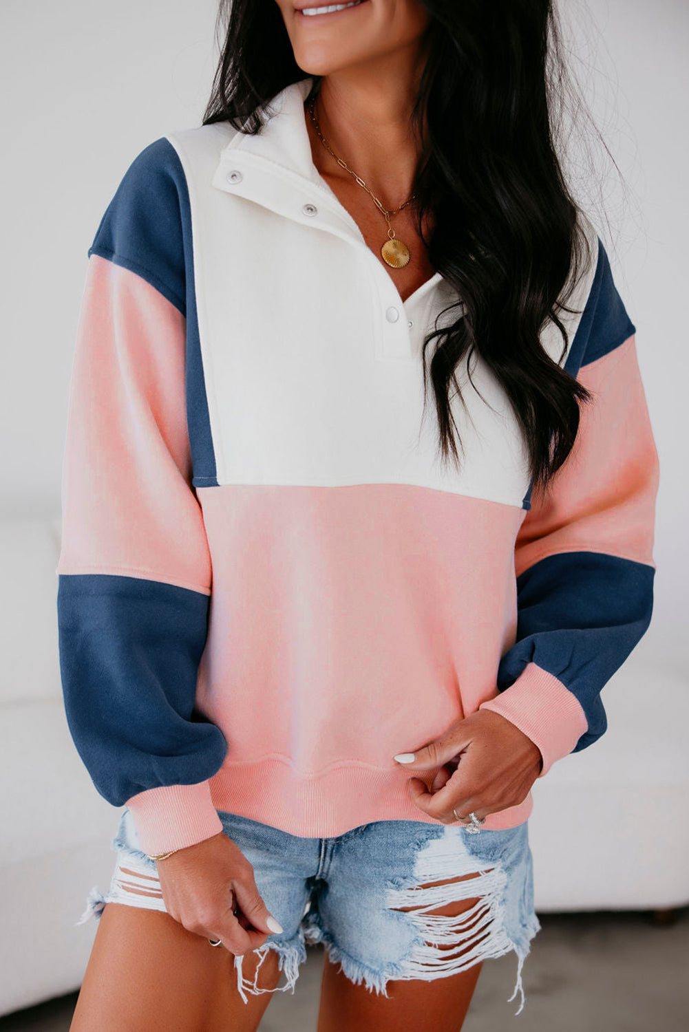 Pink Colorblock Patchwork Half Button Baggy Sweatshirt