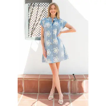 Embroidered Ruffle Collar Cap Sleeve Dress