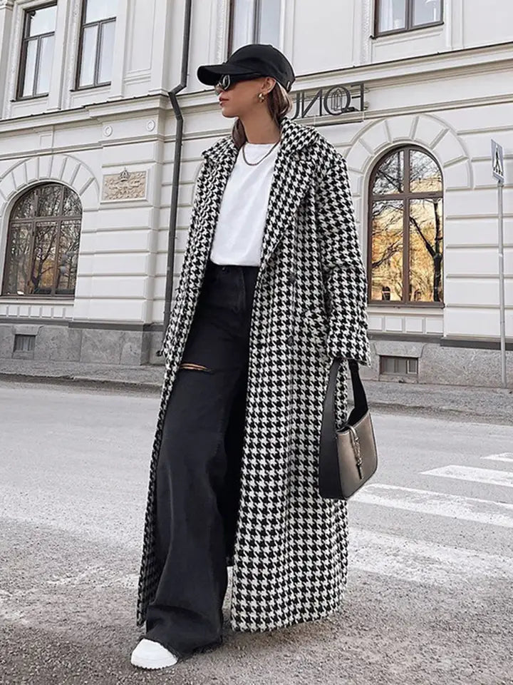 Elegant Thousand Bird Check Longline Trench Coat