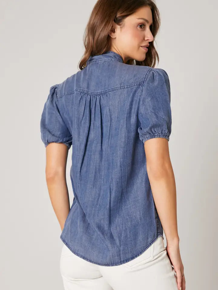 Georgina Chambray Button Front Bow Top