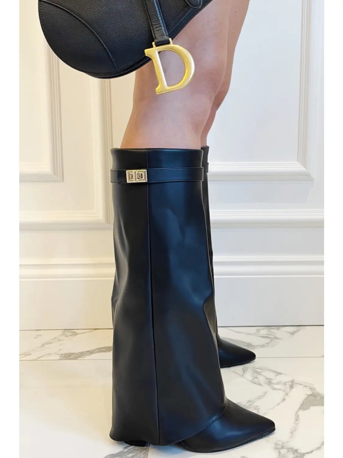 Black Folded Over Block Heel Knee High Shark Boots