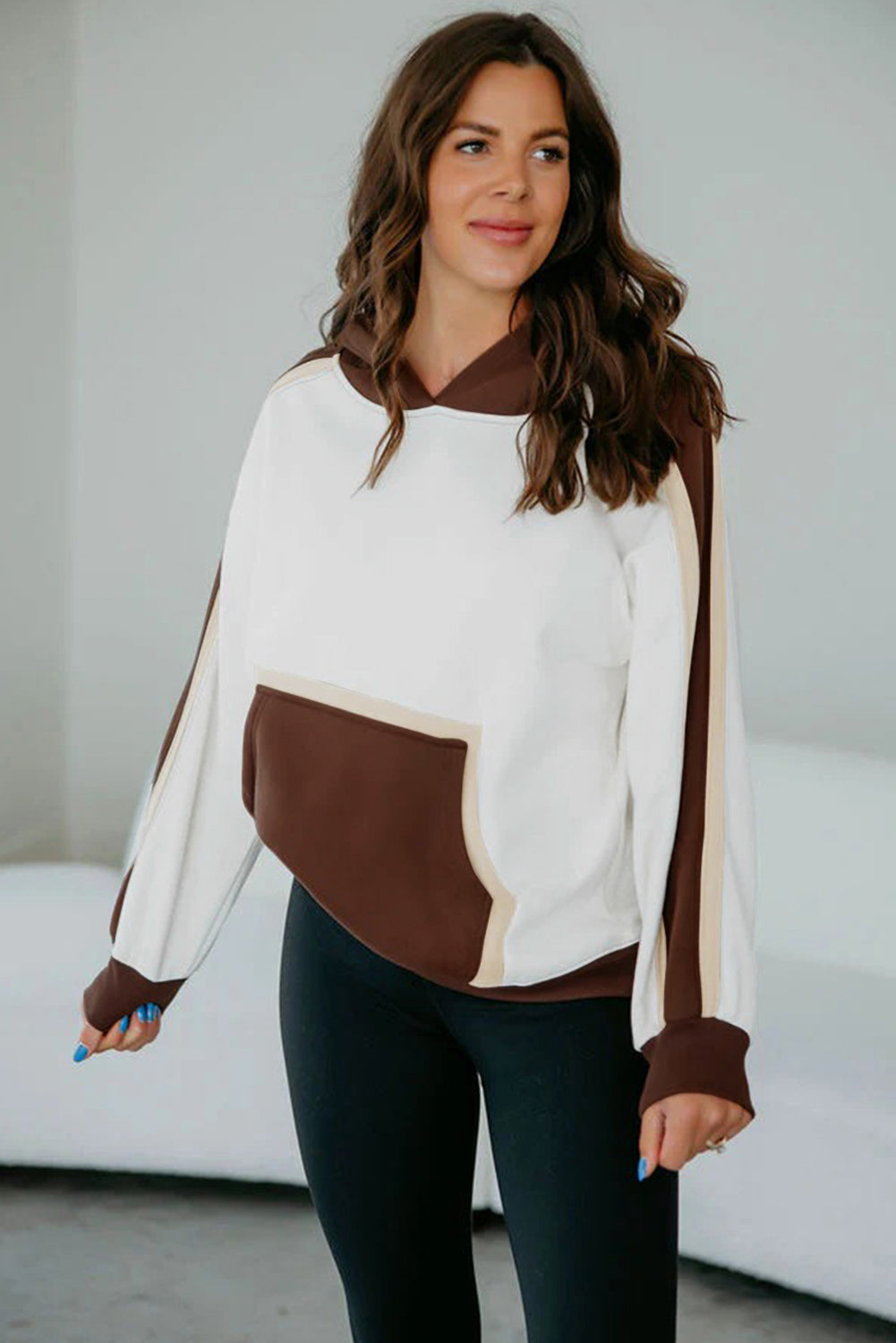 Coffee Colorblock Kangaroo Pocket Long Sleeve Hoodie