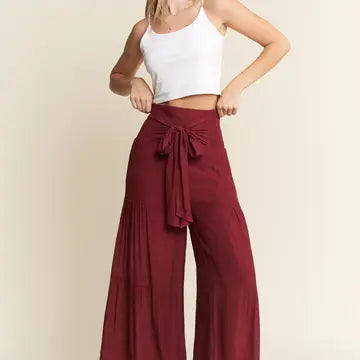 Tie Front Ruched Waist Back Pants