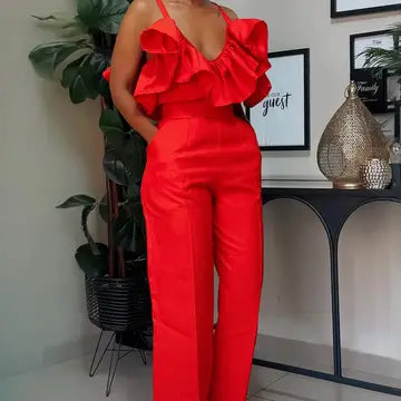 Stylish V-Neck Ruffled Halter Top High-Waisted Pantsuit Fun
