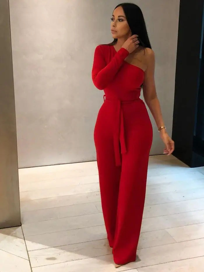 Red Belted One Shoulder Jumpsuit