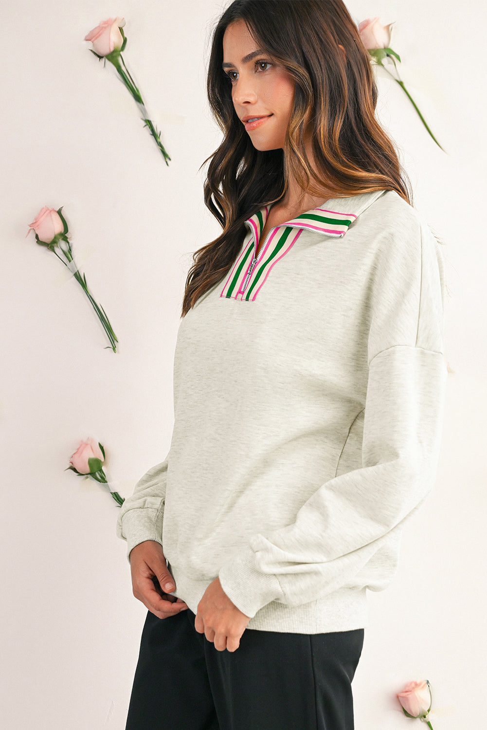 Vineyard Green Pop of Color Collared Patchwork Pullover Sweatshirt