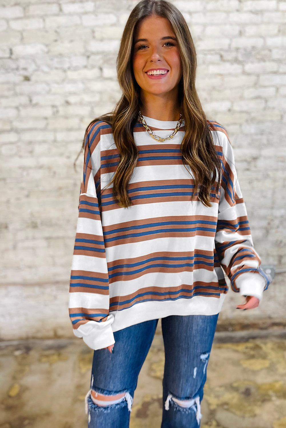 Khaki Striped Crew Neck Drop Shoulder Pullover Sweatshirt