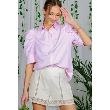 Collared Neck Short Puff Sleeve Striped Blouse