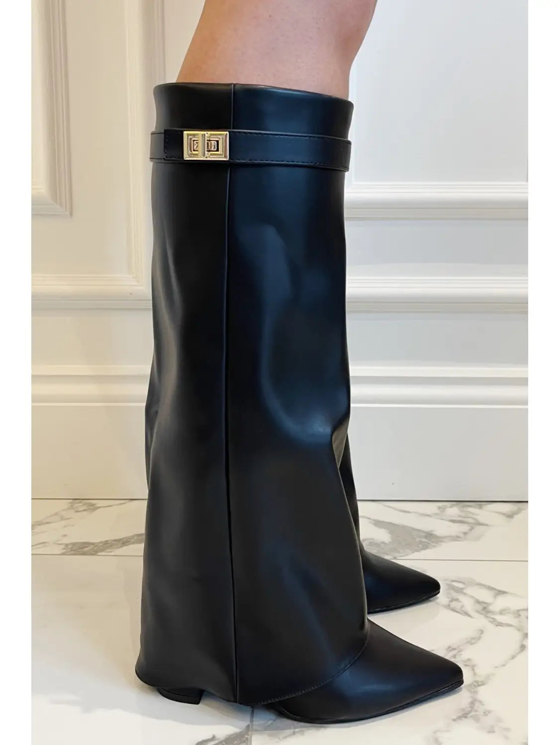 Black Folded Over Block Heel Knee High Shark Boots