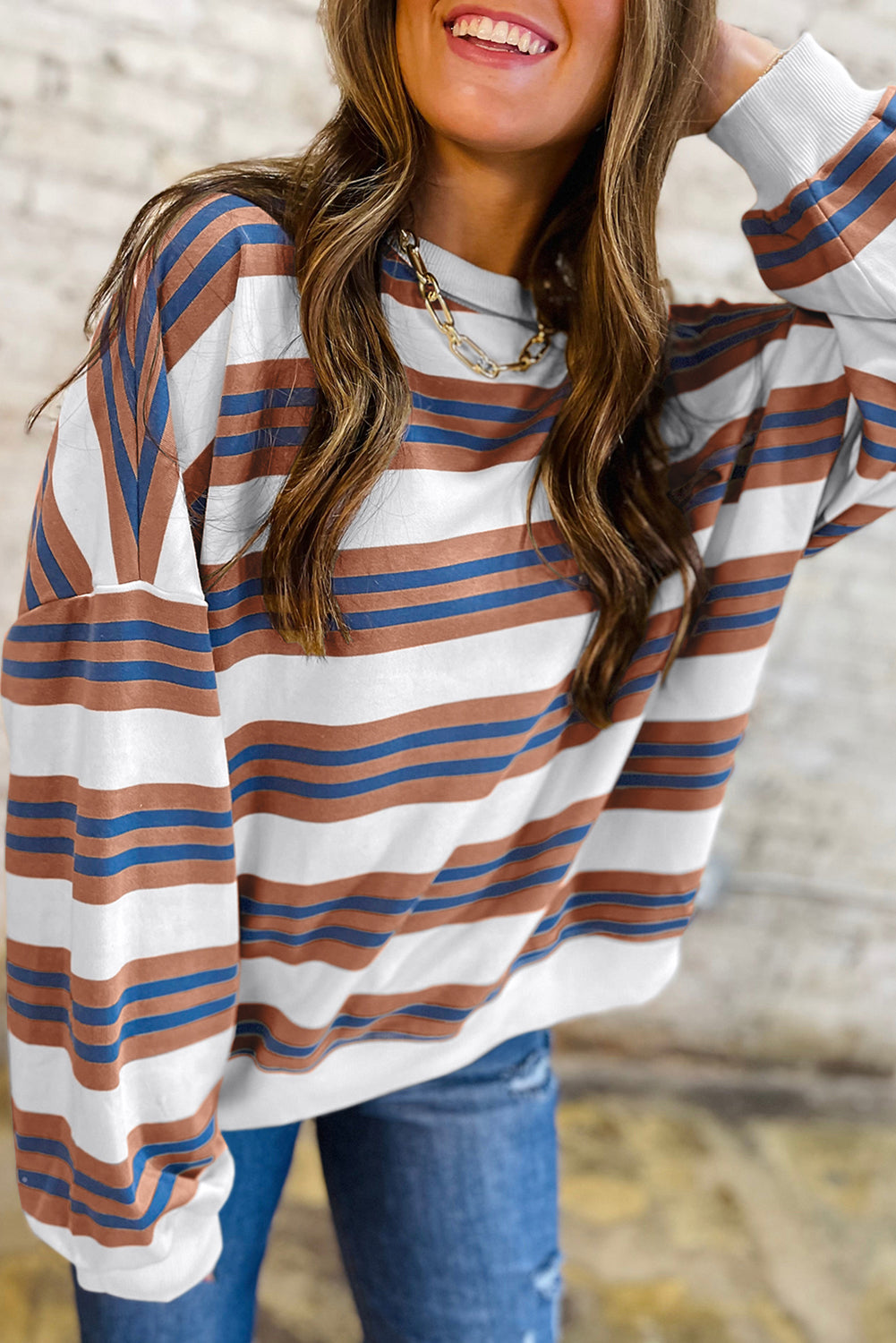 Khaki Striped Crew Neck Drop Shoulder Pullover Sweatshirt