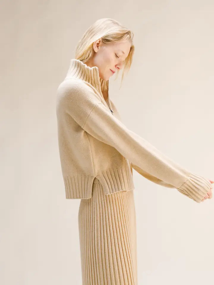 Maglione Corto A Collo Alto Con Zip in Misto Cashmere