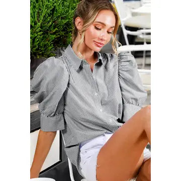 Collared Neck Short Puff Sleeve Striped Blouse