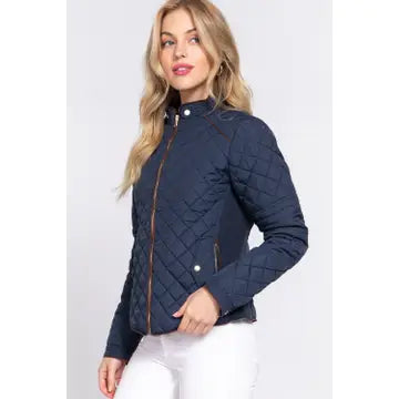 Suede Piping Detail Rib Quilted Padding Jacket
