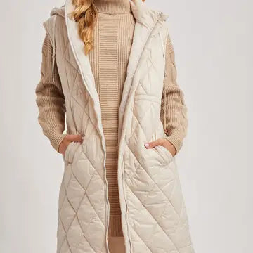 Diamond Quit Puffer Long-Line Hooded Vest