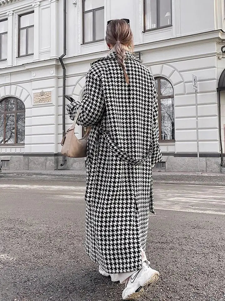 Elegant Thousand Bird Check Longline Trench Coat