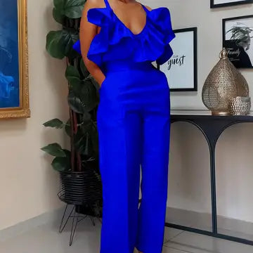 Stylish V-Neck Ruffled Halter Top High-Waisted Pantsuit Fun
