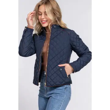 Suede Piping Detail Rib Quilted Padding Jacket