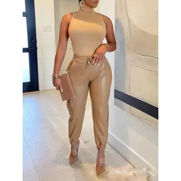 Women's Solid Color Faux Leather Drawstring Pants