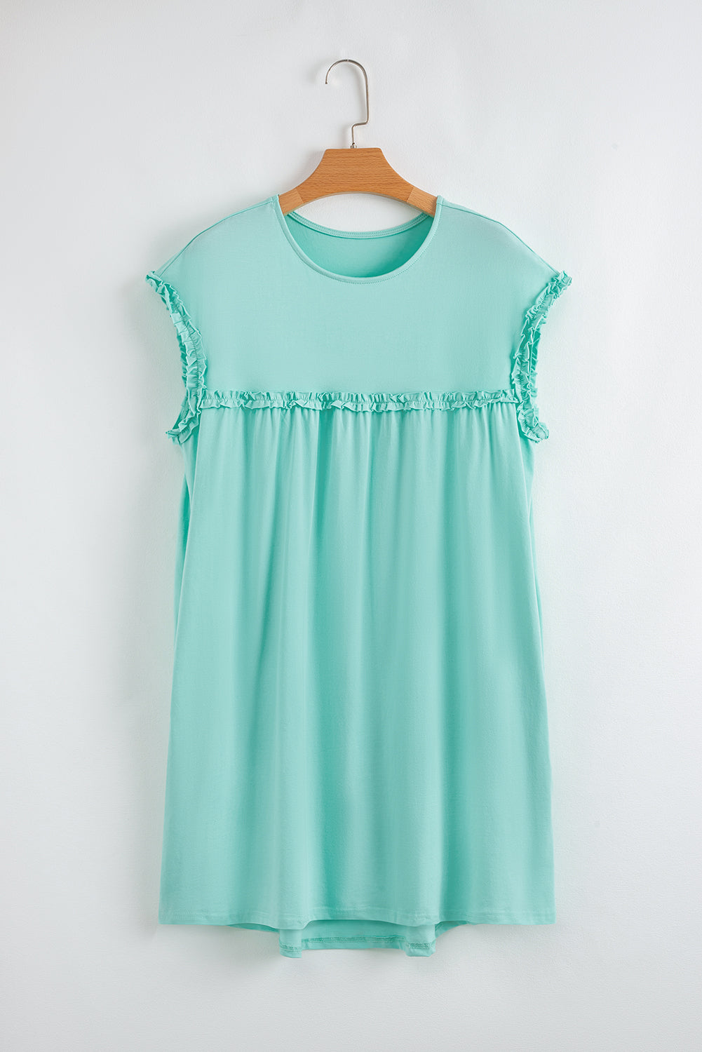 Mint Green Frilled Trim Crewneck Loose Fit Mini Dress