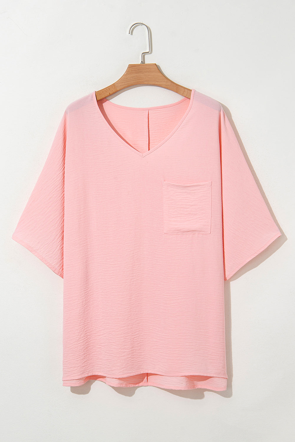 Pink Solid Color V Neck Textured Plus Size Blouse