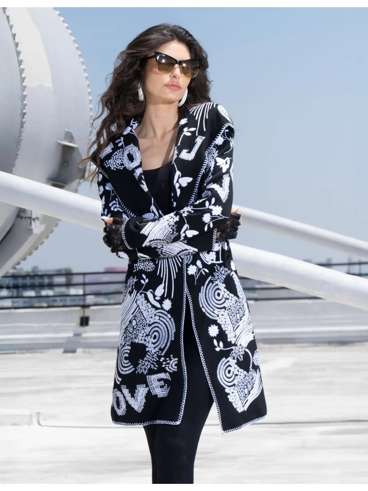 Black and White Embroidered Cardigan with Hood