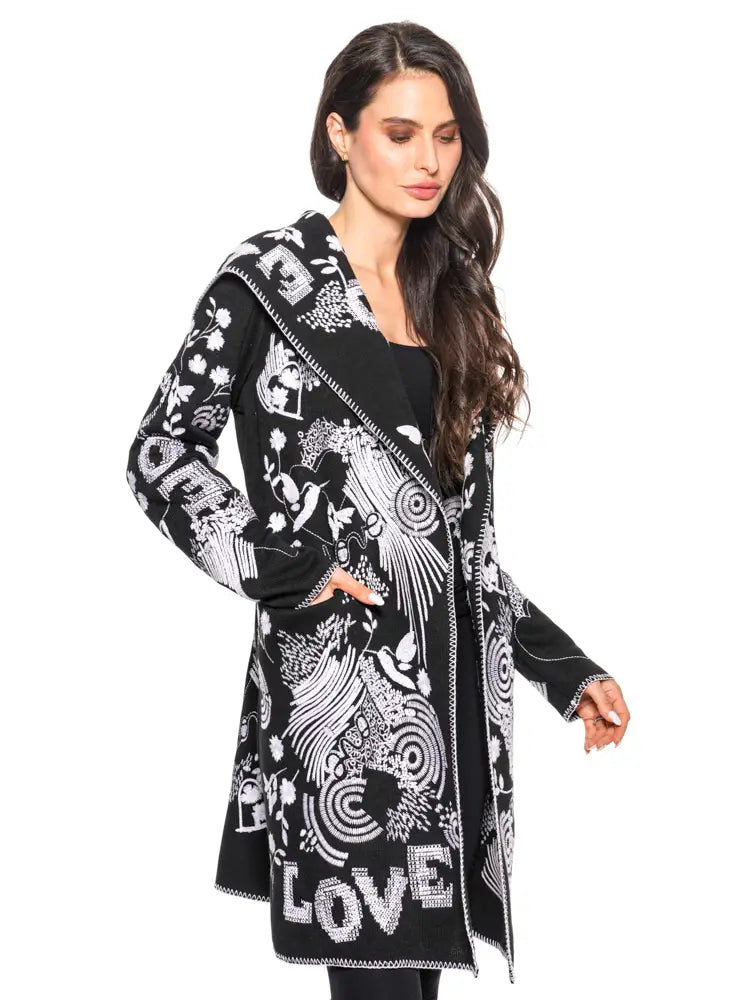 Black and White Embroidered Cardigan with Hood