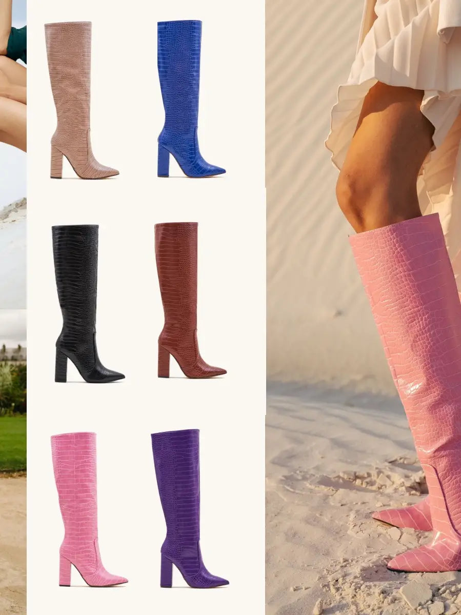 Women's Block Heel Knee High Croc Effect Long Boot