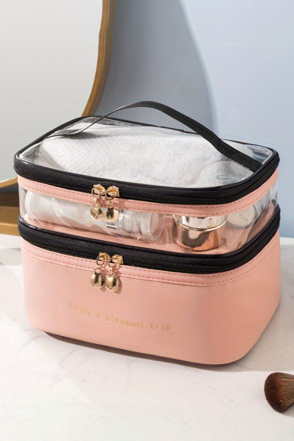 Pink Waterproof PVC Double Layer PU Cosmetic Bag