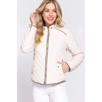 Suede Piping Detail Rib Quilted Padding Jacket