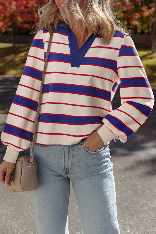 Blue Stripe Colorblock V Neck Collared Sweatshirt