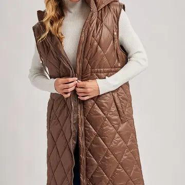 Diamond Quit Puffer Long-Line Hooded Vest