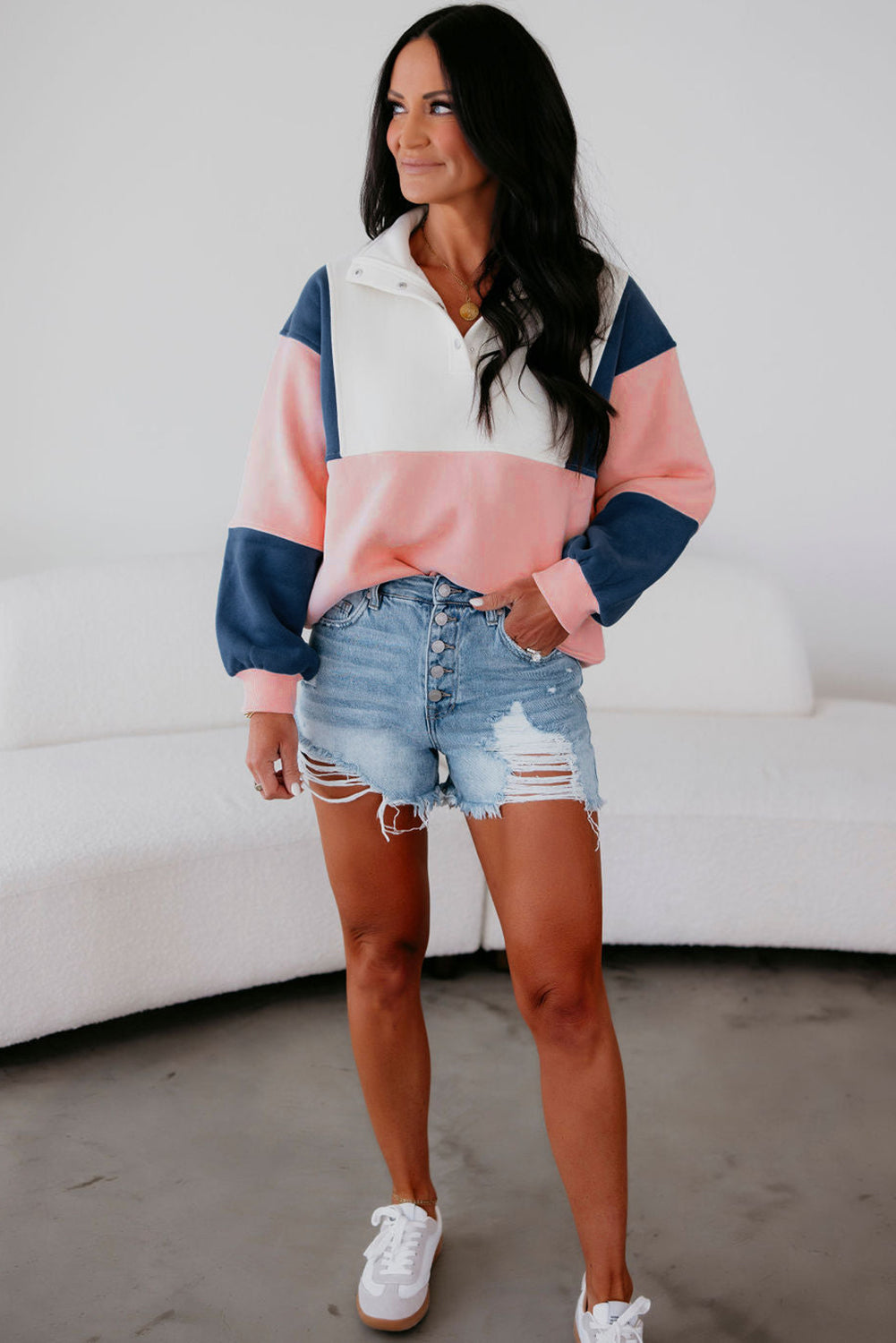 Pink Colorblock Patchwork Half Button Baggy Sweatshirt
