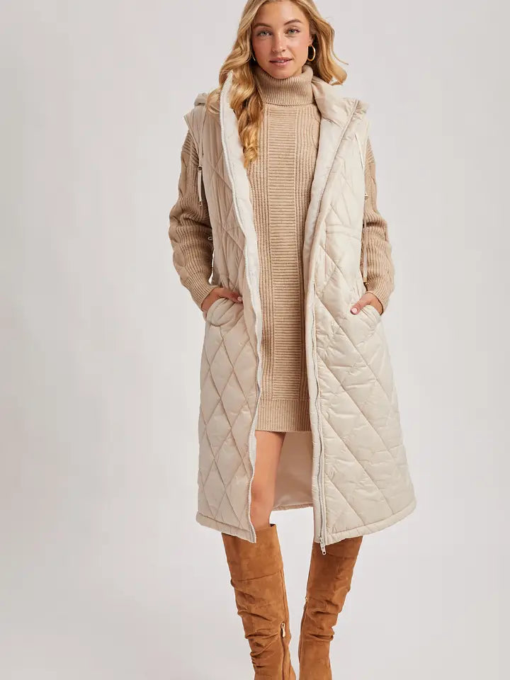 Diamond Quit Puffer Long-Line Hooded Vest