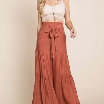 Tie Front Ruched Waist Back Pants