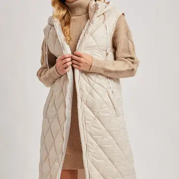 Diamond Quit Puffer Long-Line Hooded Vest