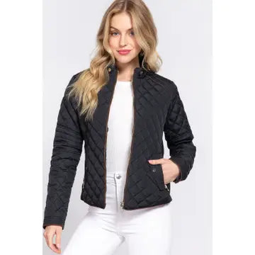Suede Piping Detail Rib Quilted Padding Jacket