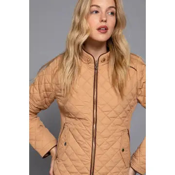 Suede Piping Detail Rib Quilted Padding Jacket